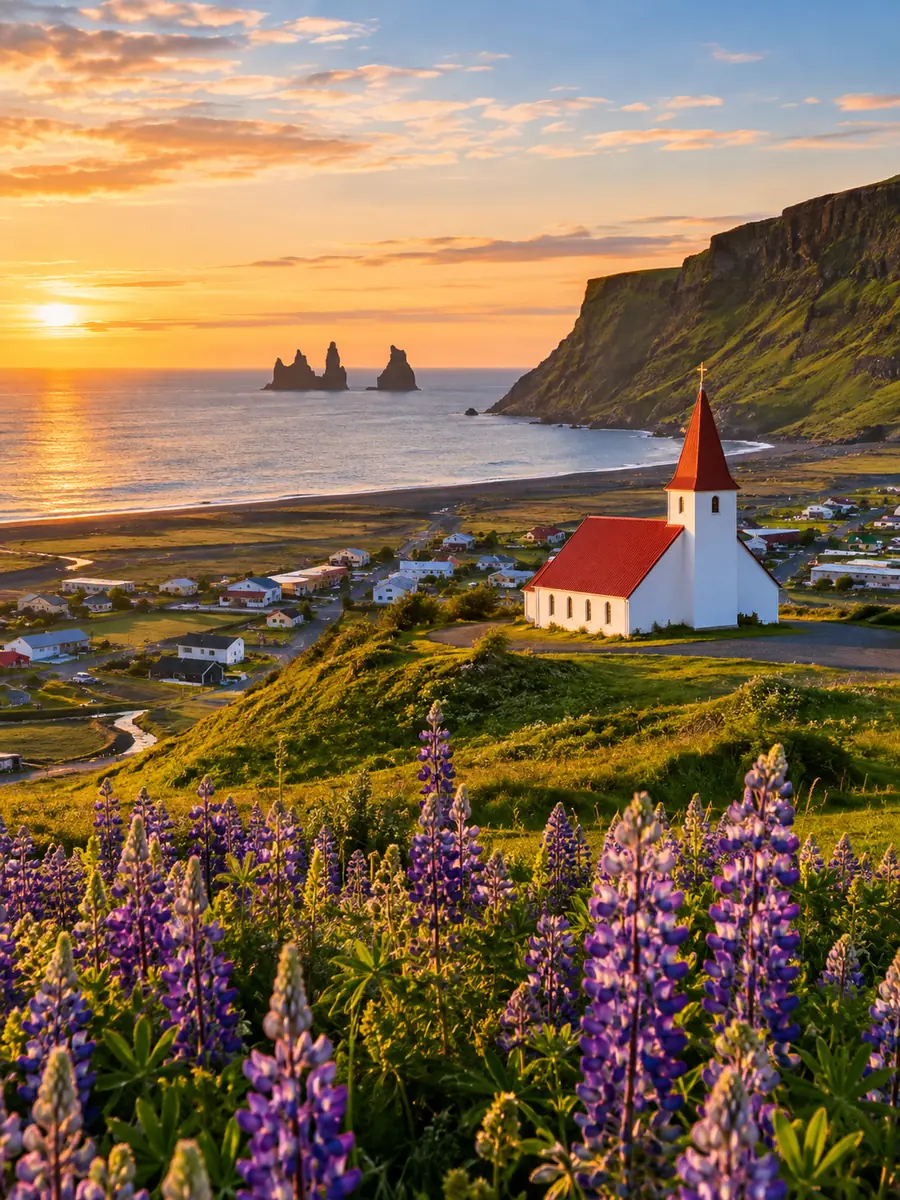 The red-roofed church of Vík on a hill with purple lupins and the Reynisdrangar sea stacks behind