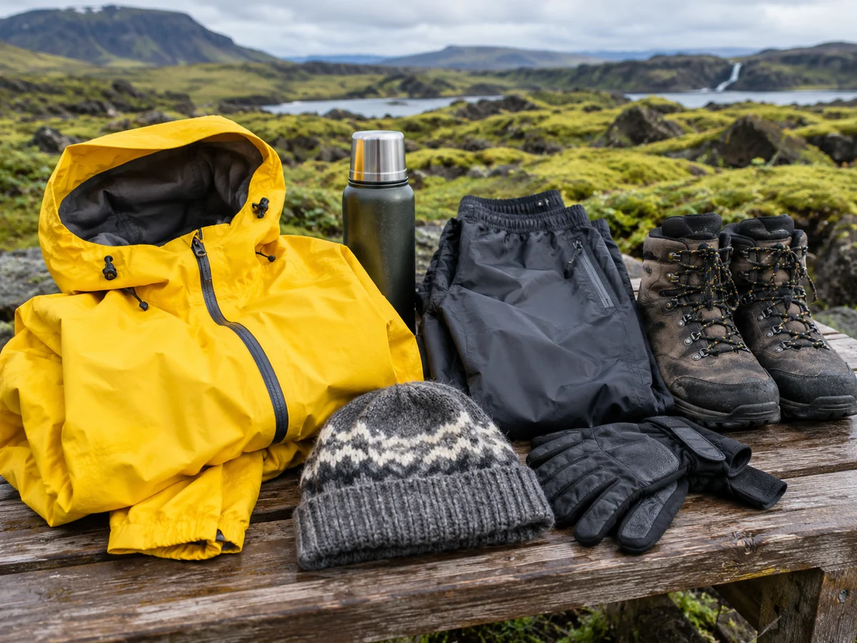 A yellow waterproof jacket, rain trousers, hiking boots, wool hat, gloves and a thermos laid out on a bench in Iceland